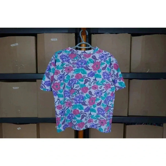 90s Floral Art AOP Vintage Tee L Cropped Boxy Fit - Picture 2 of 3